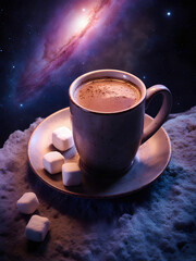 Cosmic Coffee Adventure: Galaxy Cup with Marshmallows and Stars for a Surreal Winter Night