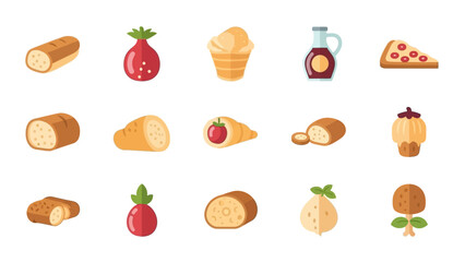 Collection of delicious food icons representing various dishes and ingredients, including potatoes and fruits, perfect for culinary themes and menus