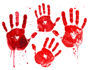 Four red handprints in watercolor style with dripping effects against black