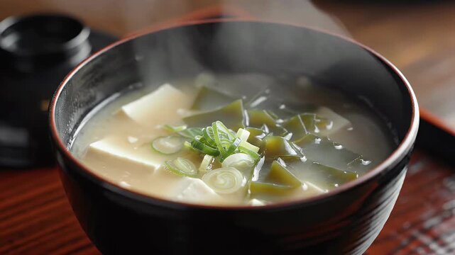 A steaming bowl of savory miso soup with tofu and seaweed