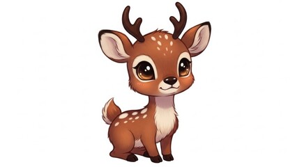 Obraz premium Adorable cartoon baby deer with big eyes and small antlers sitting on a white background.