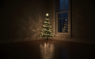 Festive Christmas Tree Lights and Decorations Reflect on Window During Cozy Holiday Night in Warm Living Room