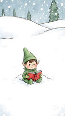 Cute Elf Child Reading Book in Enchanting Winter Forest Illustration