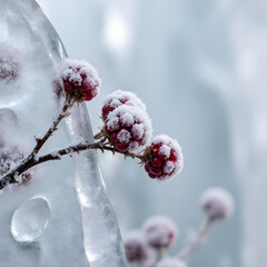 Icy Red Berries on Frosted Branch in Winter: Macro Nature Photography 