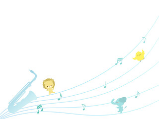 サックスと音符と動物たちのイラスト