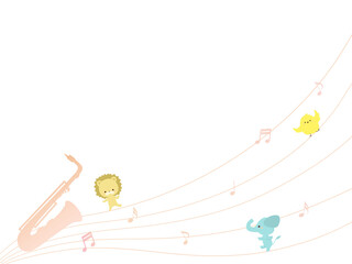 サックスと音符と動物たちのイラスト