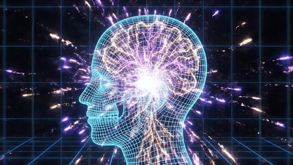 Abstract 3D wireframe head showing glowing brain activity - Powered by Adobe