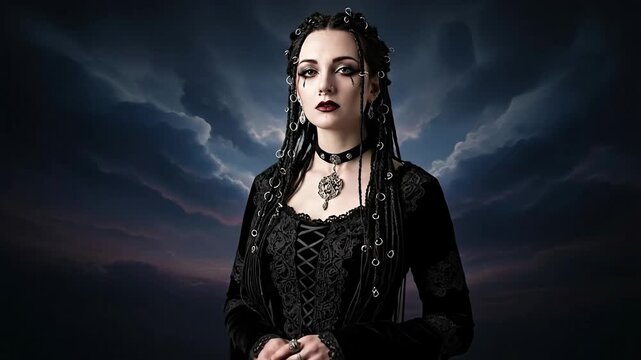 Gothic Woman Posing in Dramatic Lighting with Dark Clothing and Makeup.