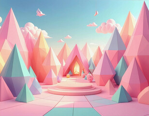 Fototapeta premium Pastel Fantasy Landscape with Geometric Mountains and Dreamlike Architecture 3D Render