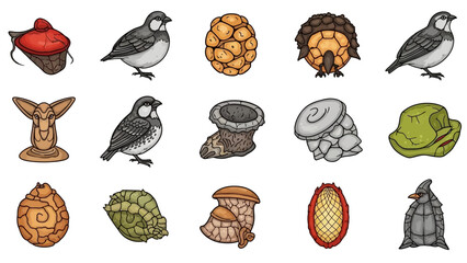 Collection of various cartoon-style icons featuring eggs, birds, nests, and forest-themed elements © arpo