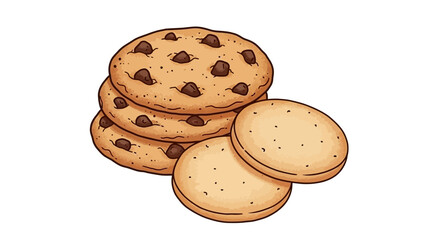 A stack of delicious chocolate chip cookies with two cookies in the foreground, perfect for baking or dessert illustrations