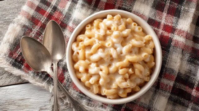 Overhead View of Creamy Mac and Cheese in White Bowl on Plaid Cloth with Two Silver Spoons Resting on Weathered White Wood Surface