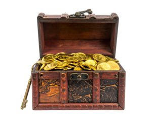 Open wooden chest overflowing with shiny gold coins, key