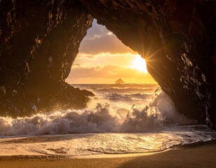 View through a coastal cave mouth at sunset with waves crashing