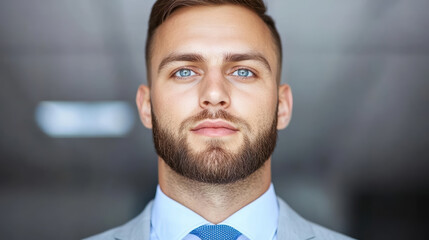 Young businessman portrait with blue eyes and beard wearing suit and tie, confident expression