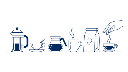 Coffee Brewing and Serving Essentials in a Minimalist Line Art Style