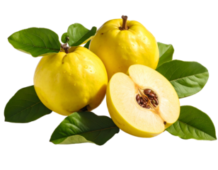 Ripe yellow fruits with green leaves, one cut open, seeds visible