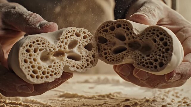 Baker pulling apart porous yeast dough with flour