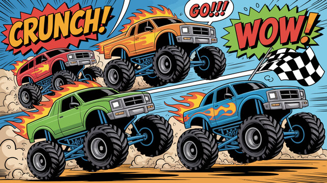 Colorful Monster Trucks Racing with Flames and Comic Book Effects