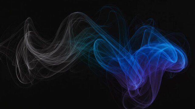 Ethereal blue and white light streaks flow dynamically in an abstract pattern on a black canvas