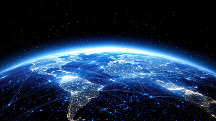 Fototapeta premium Global network connection, earth from space, digital communication, night lights, blue glow