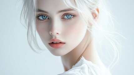 Fototapeta premium Close-Up Portrait of Young Woman with Blue Eyes and White Hair