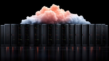 Nighttime data center aisle lit by servers with glowing status lights and cloud visualization