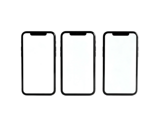 Three blank screen smartphones aligned horizontally on black
