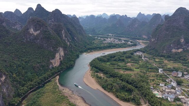 Li River(Li Jiang, 漓江) and Yangshuo(阳朔) Karst Mountains Aerial View, Guilin, China