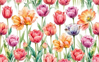 Obraz premium Vibrant Floral Pattern with Colorful Tulips and Flowers in Bloom