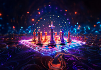 Futuristic Chessboard with Glowing Neon Lights and Chess Pieces, Abstract Digital Art Representing Strategy, Leadership, Technology, and Artificial Intelligence
