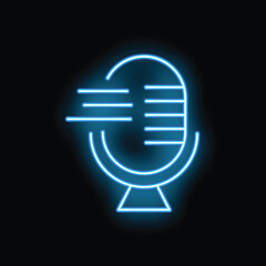 Blue neon microphone icon glowing on dark background representing podcasting, streaming and radio broadcasting