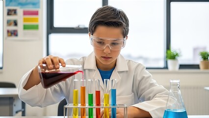 Young boy in a lab coat carefully pouring red liquid into test tubes filled with colorful solutions, showcasing a chemistry experiment in a bright classroom setting
