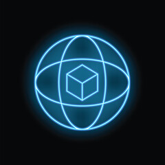 Glowing neon blue sphere containing a cube, representing a global network