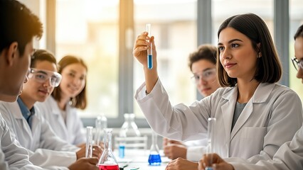 Young female student in a laboratory holding a test tube filled with blue liquid, surrounded by classmates engaged in chemistry experiments, showcasing teamwork and curiosity