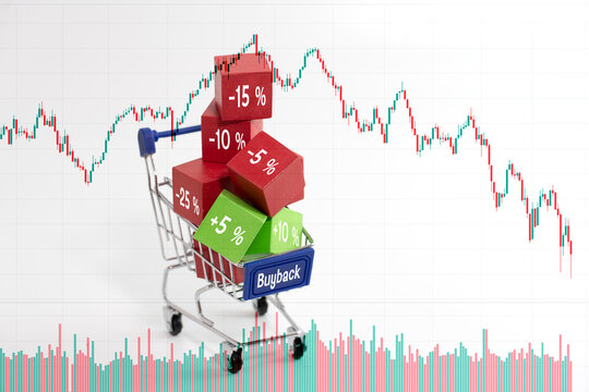 A mini trolley labeled 'buyback' carries a red and green block marked with negative number with stock market chart in the background 