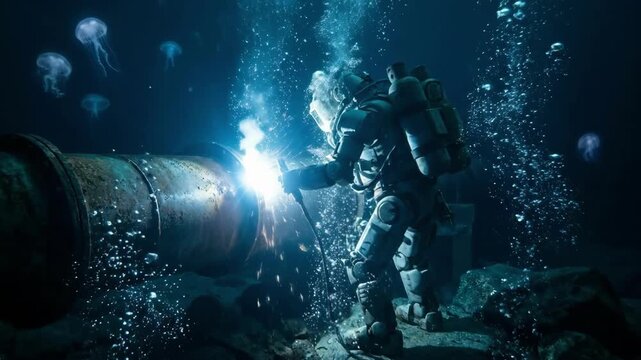 Cinematic 4K 3D Render of Humanoid working in Deep Sea Diver Performing Underwater Welding Repair on a Large Subsea Pipeline Structure.