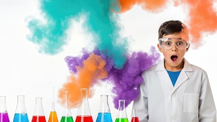 Young boy in a lab coat with glasses, amazed by colorful smoke and chemical reactions, surrounded by beakers and flasks, showcasing the excitement of chemistry experiments