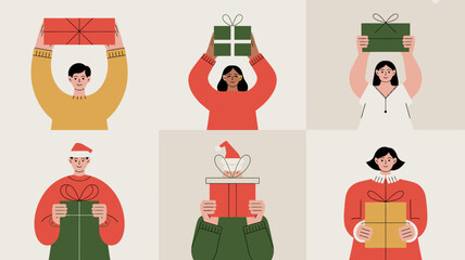 People holding gifts in various colors and styles, celebrating holidays and special occasions with joy and generosity.