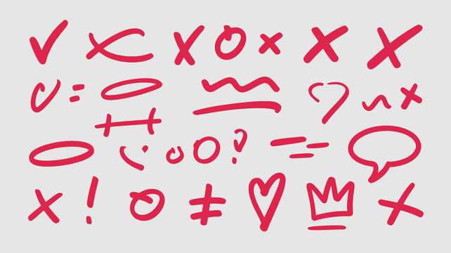 Handwritten Symbols and Signs in Red on Gray Background