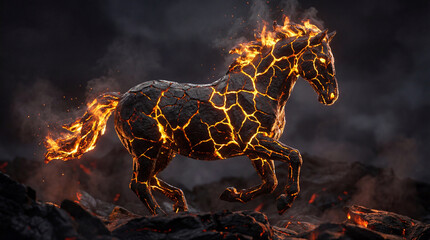 Fiery Lava Horse Galloping Through Volcanic Landscape