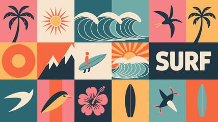 Surfing Icons and Symbols in a Colorful Collage