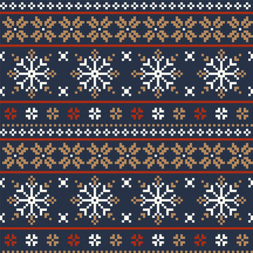 Dark Blue and Brown Pixel Art Christmas Knit Snowflake Seamless Pattern Vector