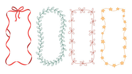 Colorful decorative frames with ribbons, leaves, flowers, and stars for design and decoration purposes.