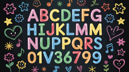 Colorful Alphabet and Numbers on Blackboard with Cute Illustrations