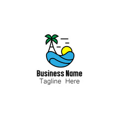 Tropical Beach Sunset Logo with Palm Tree and Ocean Waves