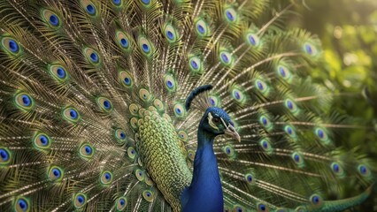 Obraz premium Vibrant male bird displays iridescent plumage with numerous eye spots in a natural setting