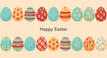Festive 'Happy Easter' banner or greeting card featuring two horizontal rows of colorful and intricately decorated eggs on a light orange background.