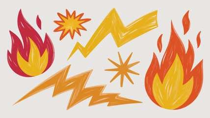 Cartoon fire and lightning illustrations, colorful flames and sparks