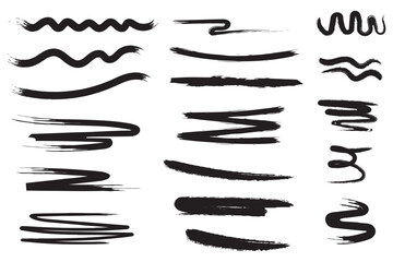 black line brush stroke with pencil underline and crayon textures for graphic design - wavy marks, straight elements and zigzag patterns. Hand drawn highlights with rough edges for text decoration.